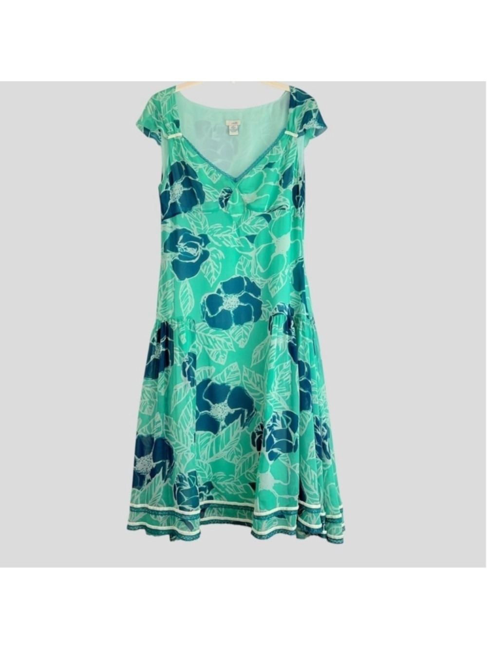 Odille 100 Silk Sheer Drop Waist Dress 6 Teal Floral Velvet Lace 90s Whimsigoth - Picture 15 of 16